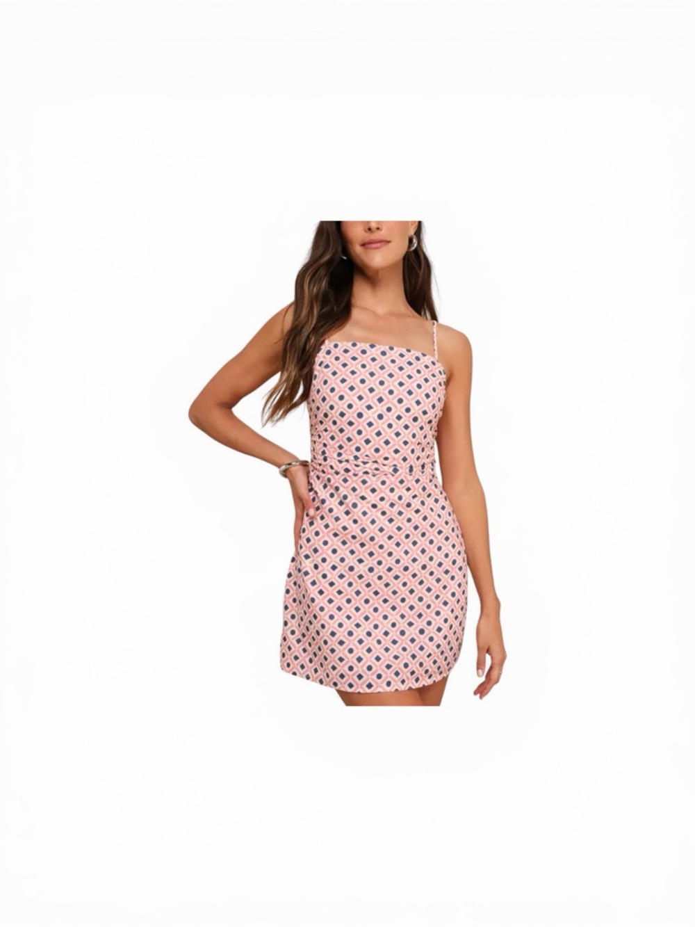Lulus NWT “Charming Desire” Pink Geo Print Ruched Sleeveless Mini Dress. Small. - Picture 10 of 14